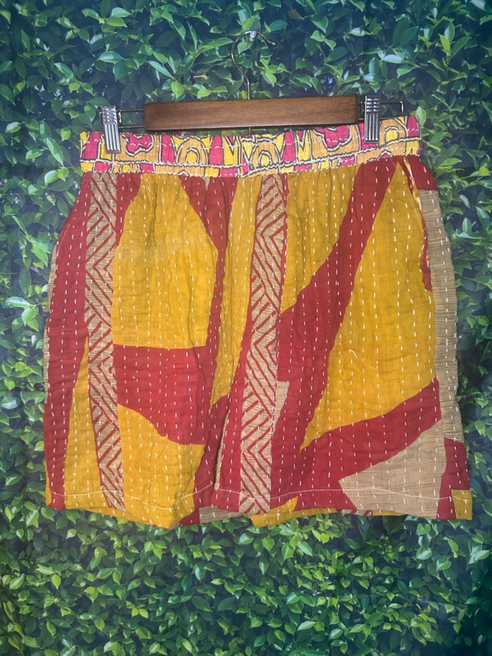Artisan Yellow & Red Block-Print Women's Kantha Shorts
